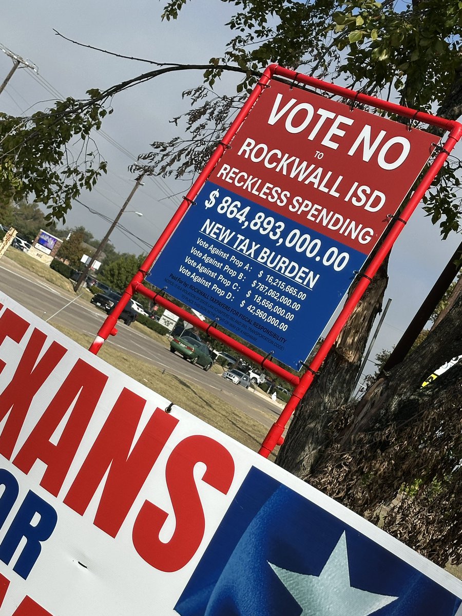 ejbott's tweet photo. Had to raise our sign—literally—to rise above the sea of signs! 📈🌳 If only Rockwall ISD’s tax hikes and high-density growth weren’t piling up like these.
Let’s stand together and say NO to more bonds, VATRE, and taxes!
#KeepRockwallUnique #TexasScorecard #TrueTexasProject #NoMoreTaxHikes #StandTallRockwall