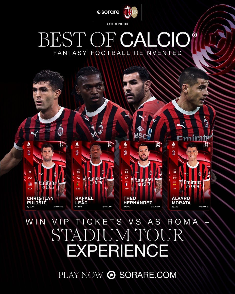 acmilan's tweet photo. Think you know football? Prove it. 👀

Set your @Sorare Fantasy Football lineup before Tuesday 29 October at 16:00 CET and try to win 2x VIP Tickets for our game v AS Roma, including a Stadium Tour! 🏟️

Compete now 👉 https://t.co/7c0qottrU6 

#BestOfEurope #Sorare https://t.co/bAAlCCzdHs