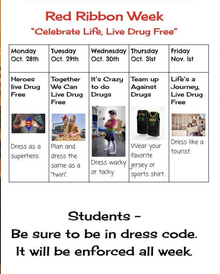 It’s Red Ribbon Week starting on Monday! Here are the dress up days if you wish to participate! ❤️#SOAR