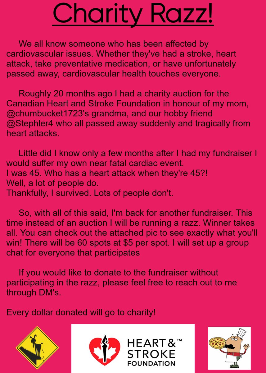 MagicPizza101's tweet image. As part of my portion of #Hocktoberfest I'm running a special charity razz for something very close to my heart. Literally.
Please see below &amp;amp; reach out with any questions.
If you'd like to join in please claim spots in the comments below &amp;amp; i'll add you to the group chat!
❤️🏒🍕