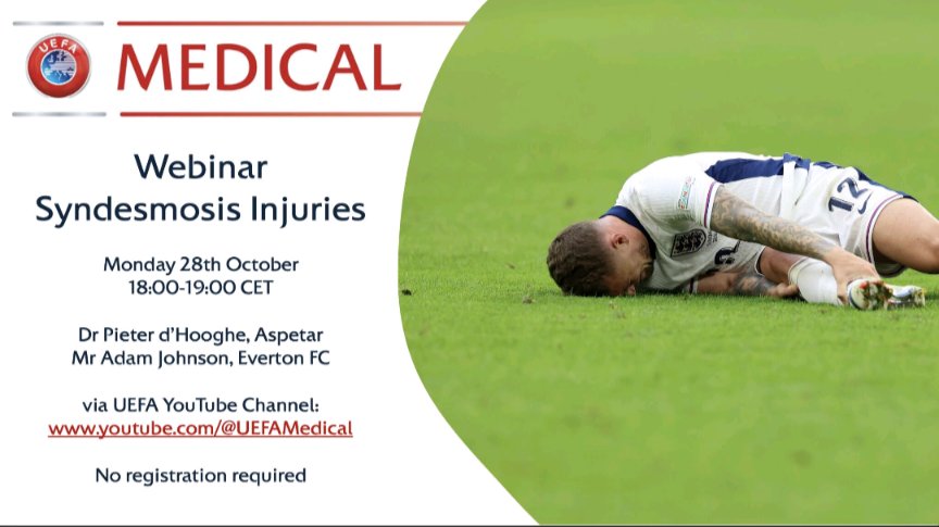 TheFootballPhys's tweet image. ⚽🤕 @UEFA Medical webinar this Monday (October 28th) covering syndesmosis injuries 

🖥️ Live on YouTube shorturl.at/7MlFP