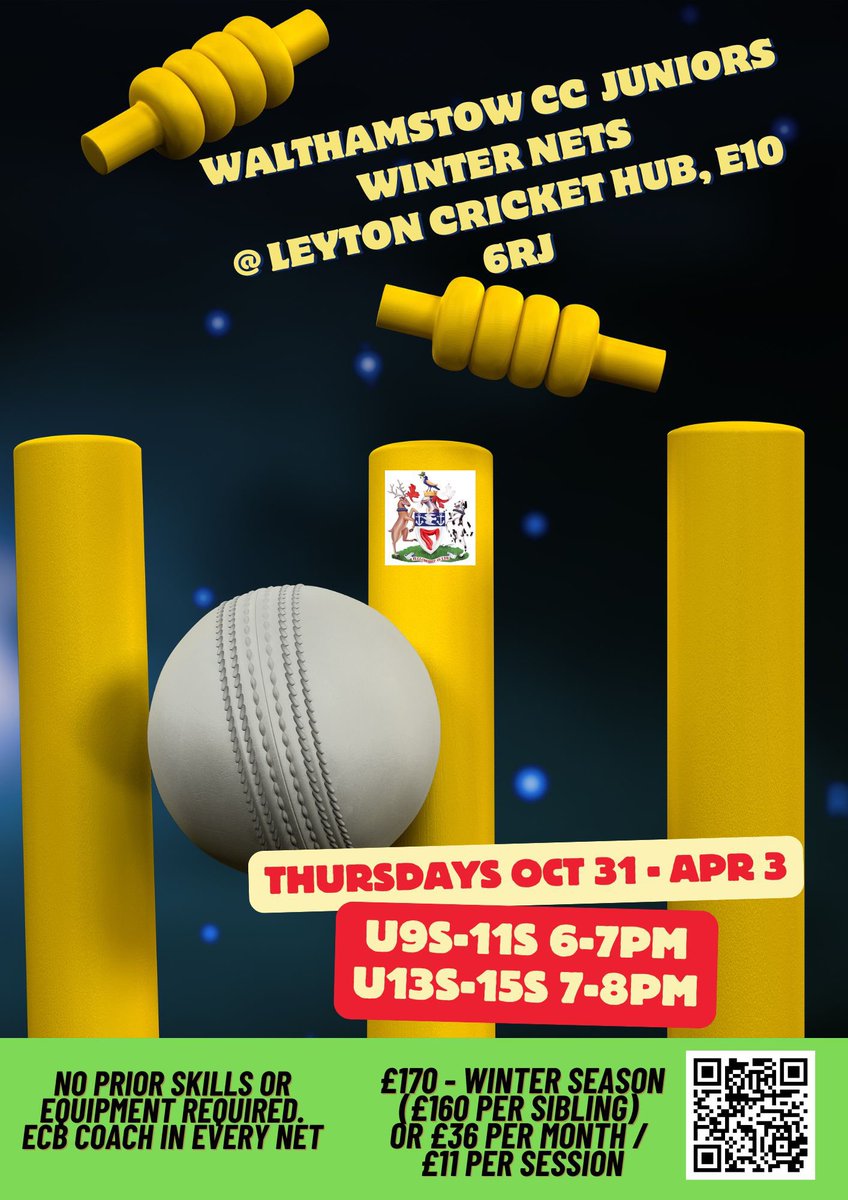 Junior winter nets returns from next Thursday. All juniors welcome with sessions for U9s-U11s and U13s-15s at Leyton Cricket Hub. Details in the flyer or DM for more info.