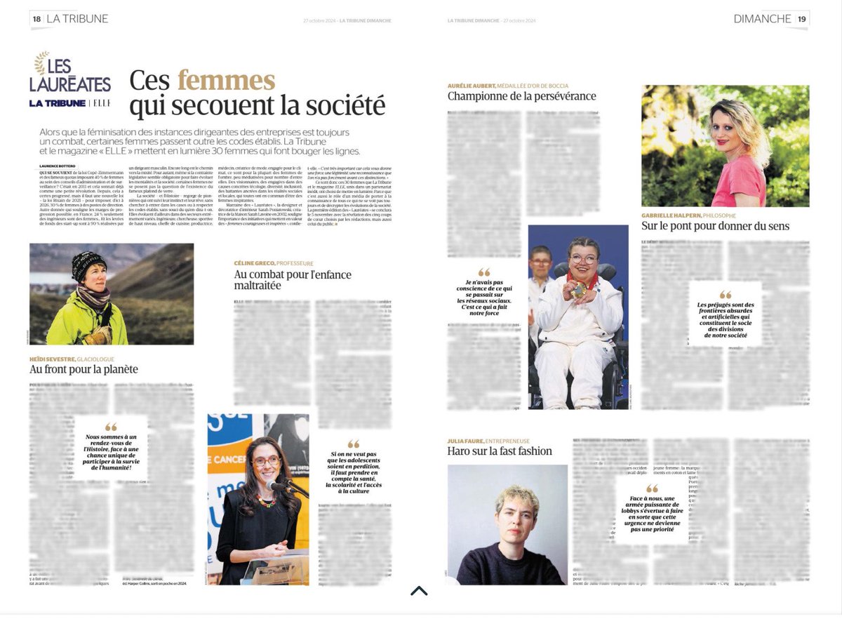 Gros plan sur 5/30 femmes extraordinaires choisies par <a href="/LaTribune/">La Tribune</a> et <a href="/ELLEfrance/">ELLE</a>. Découvrez comment elles font bouger les lignes en prenant position et portent loin et fort leurs convictions pour un monde meilleur. 
✍️ de <a href="/l_bottero/">Laurence Bottero</a> et <a href="/Farlandis/">Fanny Arlandis</a> dans #LaTribuneDimanche n.56 🗞️