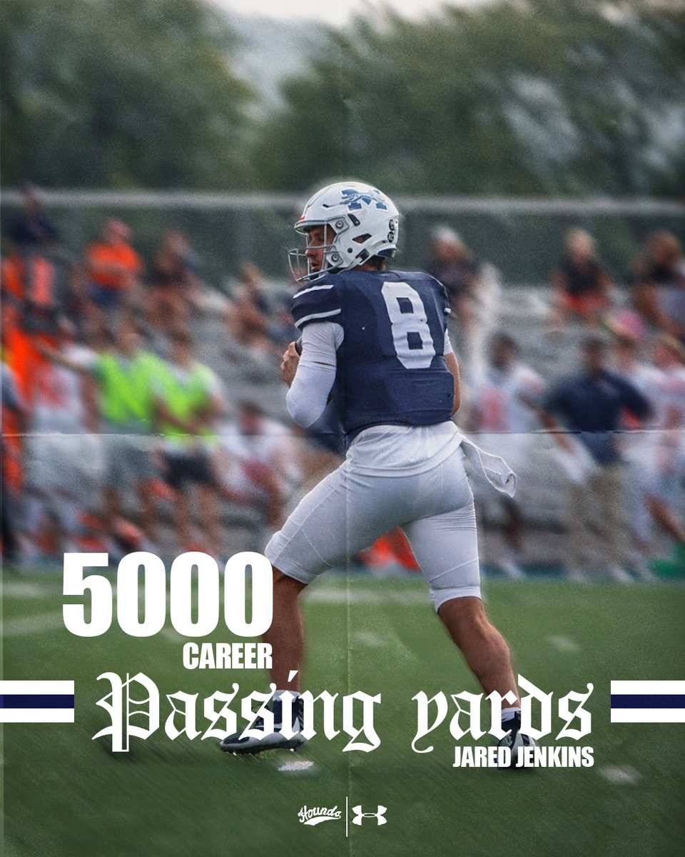 ICYMI: In yesterday's 35-13 win over Juniata College, quarterback Jared Jenkins surpassed 5,000 passing yards. Jenkins now stands at 5th all-time with 5,195 yards in 20 games. #HoundEm <a href="/MoravianFB/">Moravian Football</a>