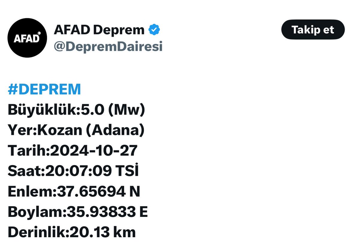 Adana ve çevre illerden hissedilen merkez üssü Kozan olan 5,0 şiddetinde #deprem meydana geldi. Herkese geçmiş olsun…
