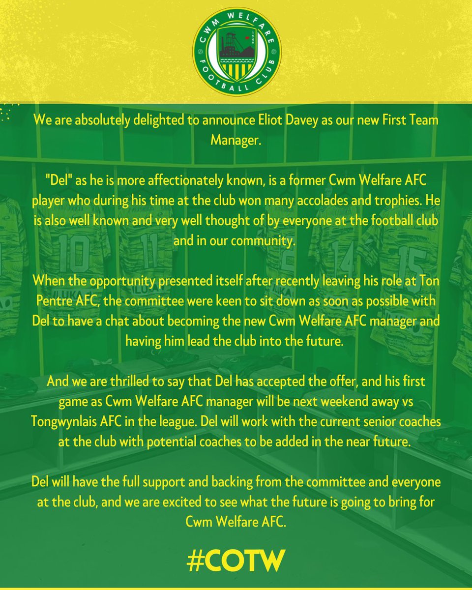 🗣️| 𝐍𝐞𝐰 𝐌𝐚𝐧𝐚𝐠𝐞𝐫 𝐀𝐧𝐧𝐨𝐮𝐧𝐜𝐞𝐦𝐞𝐧𝐭! 

We are absolutely delighted to announce Eliot Davey as our new First Team Manager.

#COTW | 🟢🟡