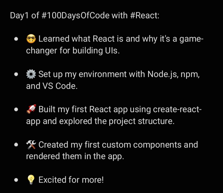 AwaleRabin10's tweet photo. #Day1 of #30DaysOfCode with #React:

#JavaScript #WebDevelopment #ReactJS #CodingJourney https://t.co/MGWFTf1bkh