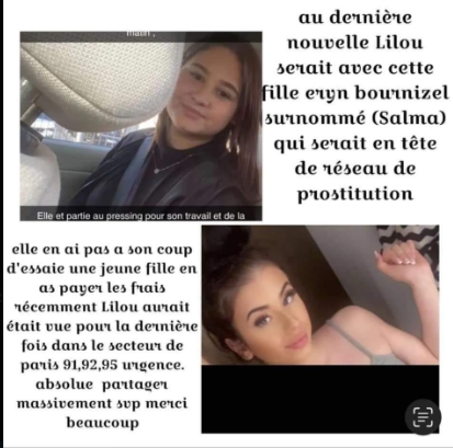 AlertesPed0's tweet photo. 🚨DISPARU | Aux dernières nouvelles, Lilou serait avec une fille nommée Eryn Bournizel surnommée (Salma) en tête d'un réseau de prostitution. Elle ne serait pas à son coup d'essai.

Lilou aurait était vue pour la dernière fois dans le secteur de paris 91.92.95.