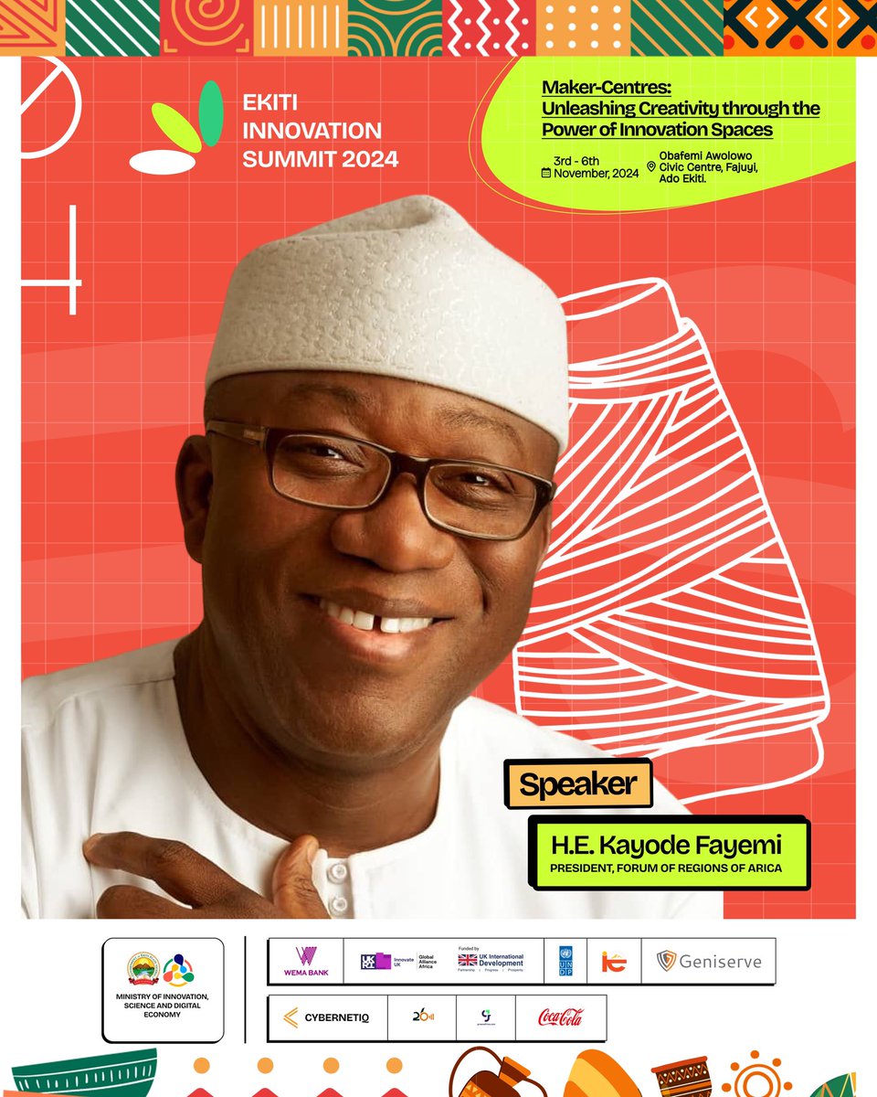 🎤 SPOTLIGHTING EKITI INNOVATION SUMMIT &amp; FESTIVAL 2024 SPEAKERS

🌐 Dr. <a href="/kfayemi/">Kayode Fayemi</a> 
Pioneer President, Forum of Regions of Africa, 
Former Governor of Ekiti State, Nigeria

🗓️ Date: 3rd - 6th November, 2024
🕘 Time: 9AM
📍 Venue: Obafemi Awolowo Civic Centre, Fajuyi, Ado Ekiti