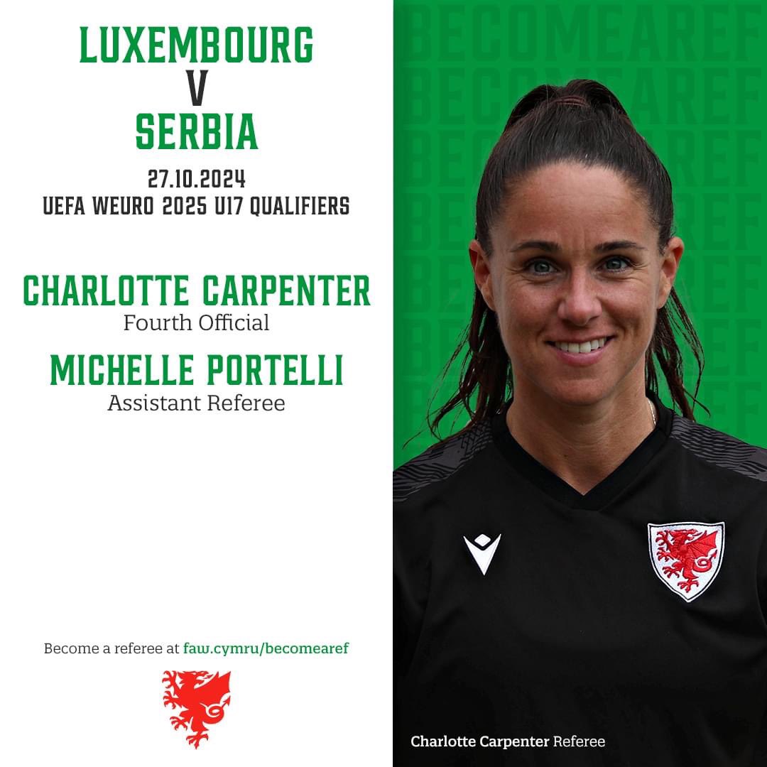 🏆 UEFA Women’s Euro 2025 U17 Qualifiers! 

A massive good luck to 2 of our members who have been appointed to the UEFA Women’s Euro U17 Qualifiers in Luxembourg. 

Their first game involves the hosts against Serbia. 

Pob lŵc Charlotte and Michelle 👏🏽👏🏽