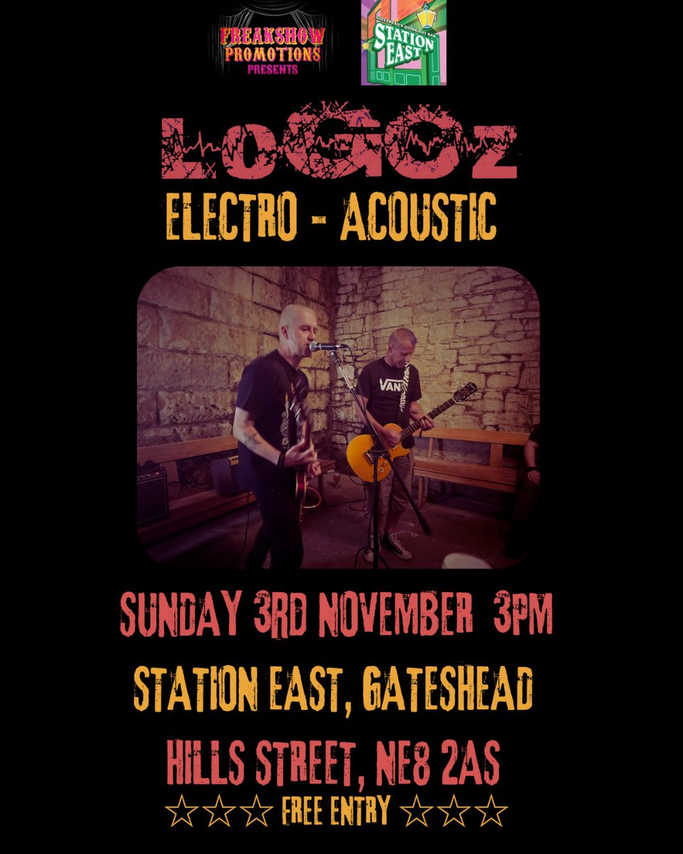 LoGOz_UK's tweet photo. A week today Sun Nov 3rd we'll be playing @LoGOz_UK - Elecro-Acoustic @StationEastGH Gateshead FREE Entry with @PaulLoGOz. We’ll be playing songs from our debut album #PSYCHORADIO as well as #WELCOMETOTHEFREAKSHOW &amp; our #BREAKINGBRITAIN E.P. 3pm kick off! Cheers! @PeeshNE63 https://t.co/Bp8hLsnssR