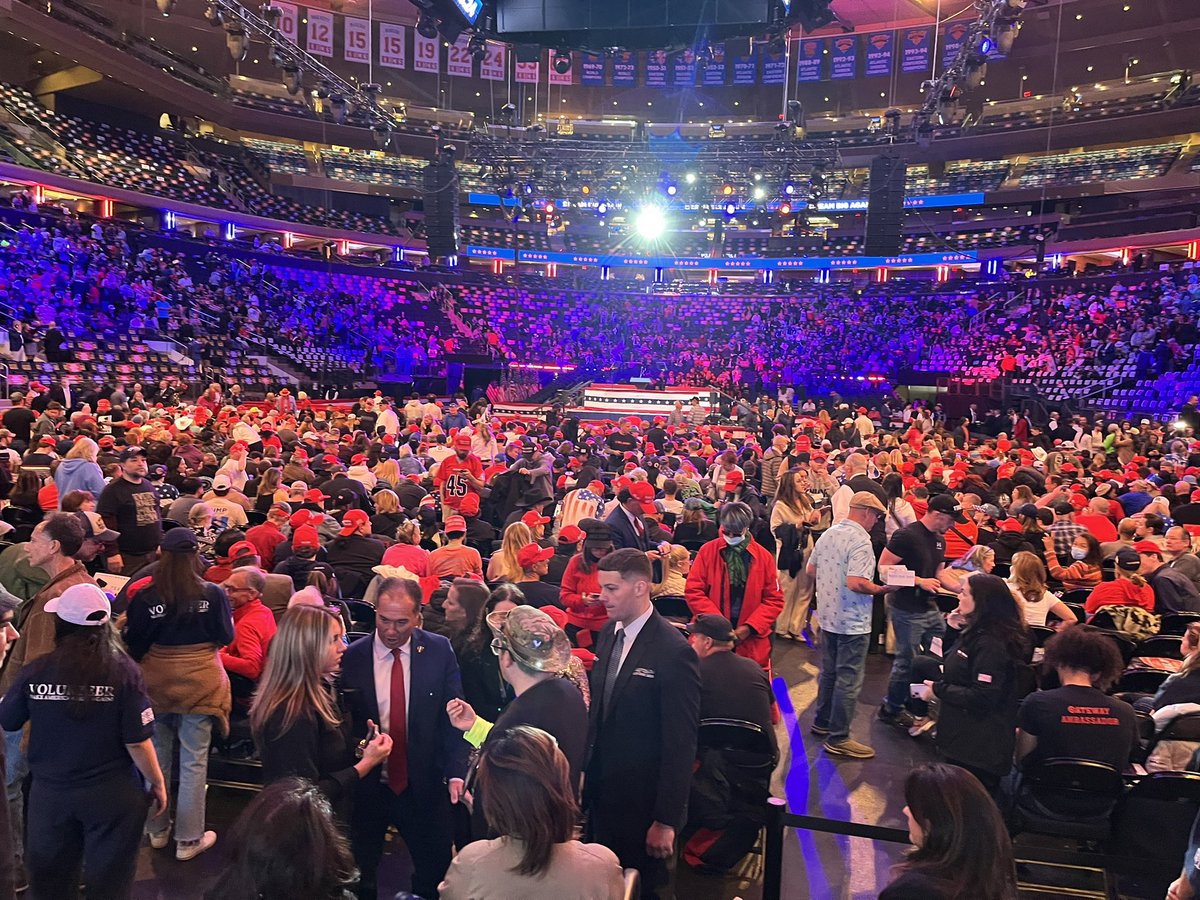 BChartuk's tweet photo. Fans are streaming into Madison Square Garden for the Trump rally here in Manhattan. It’s a diverse crowd, very cordial, excited to see the 45th, and what they’re hoping to be, the 47th president. Many are outfitted in Trump regalia, red, white and blue everywhere. The Front Row Joe’s have taken their place and the VIP’s are filling in. MAGA and Trump/Vance signs are on every seat.