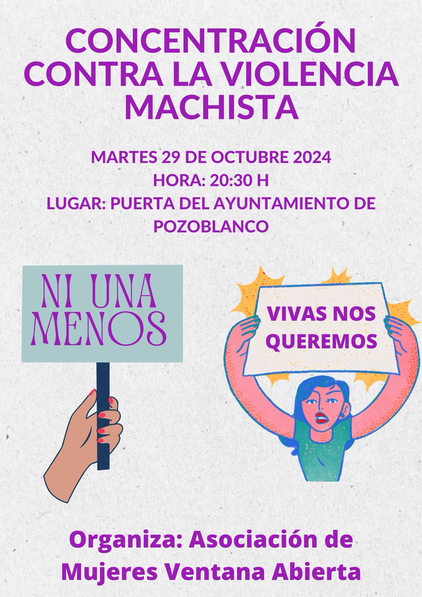 Este martes, 29 de Octubre a las 20:30 h en la Puerta 🚪 del Ayuntamiento de Pozoblanco, CONCENTRACIÓN para recordar a las mujeres asesinadas por violencia machista durante este mes.
Te esperamos!!!
#Hartas
#vivasnosqueremos 
#Niunamenos
#Seacabó