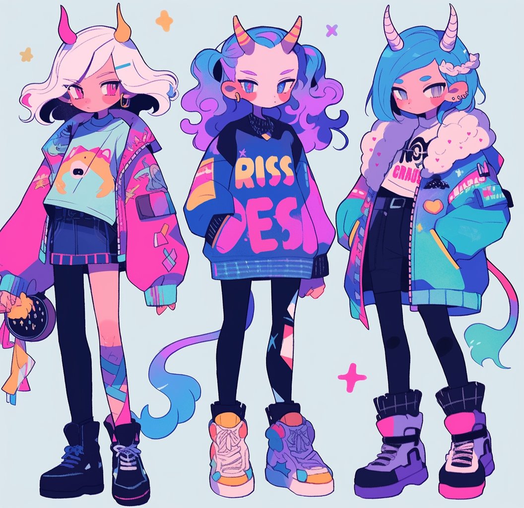 bbybluemoon13's tweet image. #3girls #KawaiiAI #decora #rainbowcore #succubus #yumekawaii #kidcore #devilgirls #harajukufashion #niji5 #animeart #aiartdaily