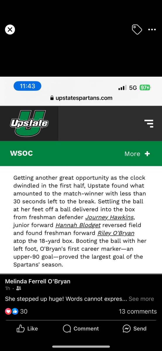 Let’s go <a href="/RileyObryan2/">Riley Obryan</a>!! First collegiate goal. So proud of you 🚀⚽️