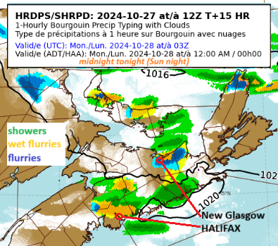 Cyclone_Fogarty's tweet photo. High-res model snapshot at midnight tonight (Sun night).  Basically showery, breezy conditions and of course much cooler.  Some spots will see wet snow showers (flurries) - even a few flakes around Halifax.  #nswx Detailed forecasts: https://t.co/Qg5tZQuklt https://t.co/bsyqbsS3sp