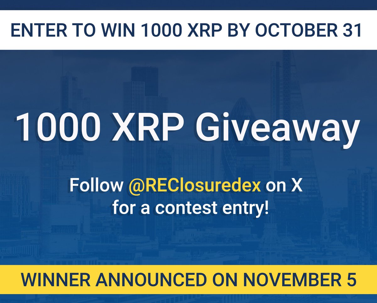 REClosureDEX's tweet photo. It's almost time! Enter to win 1000 XRP.
All new followers for the month of October will be entered. Follow @REClosureDEX !
For an additional entry, sign up for early access at https://t.co/kaNYOufOAi
Contest rules:
https://t.co/rwIL4VFeGK
#propto #giveaway #xrp https://t.co/zXeZNwQxez
