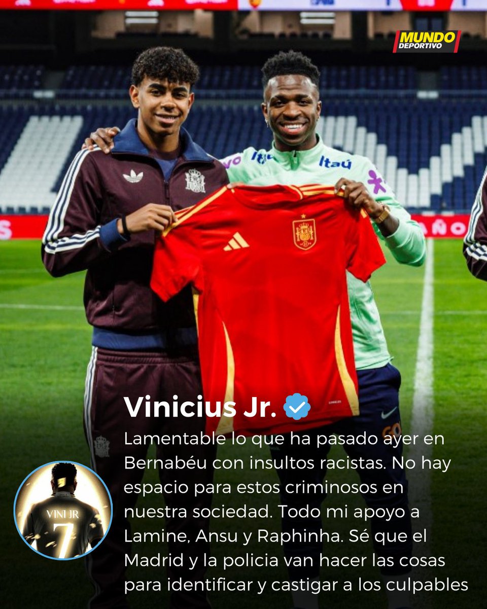 mundodeportivo's tweet photo. 👏 El mensaje de @vinijr en sus redes sociales por los episodios racistas en el Bernabéu: "Lamentable lo que pasó en el Bernabéu con insultos racistas. Todo mi apoyo a Lamine Yamal, Ansu Fati y Raphinha" https://t.co/Qu1qHVWStU