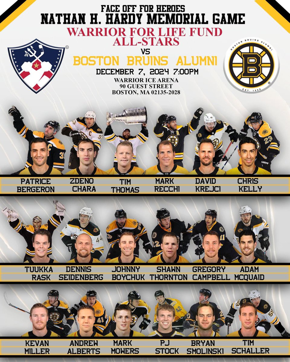 NHLBruinsAlumni's tweet photo. Here it is … the Bruins Alumni event for the ages:

The WFLF All-Stars will face off against a historic Boston Bruins Alumni lineup featuring 12 members of the 2011 Stanley Cup team at this year’s Face Off For Heroes Memorial Game honoring Navy SEAL Nate Hardy.  

Sponsorship opportunities are available now that guarantee a front-row seat to all the action. VIP and General Admission tickets go on sale November 9th.  

Link to sponsorship opportunities: https://t.co/c8GJ4xUHy6