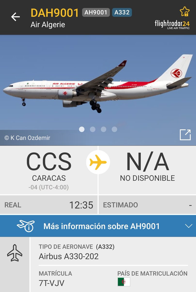 ciclbh2's tweet photo. 🔴#URGENTE
El avión (A330 7T-VJV) de #AirAlgerie, que trajo anoche a #MaduroAsesino de Argel a Caracas 🇻🇪, regresa ahora en vacío a Argelia
Sufrió una avería grave el #YV1004 al despegar de #Argel 🇩🇿
#MaduroSecuestraNiños
#VenezuelaLibre #HastaElFinal🇻🇪 #VenezuelaLibreDelDictador https://t.co/n9CWgNuuAE