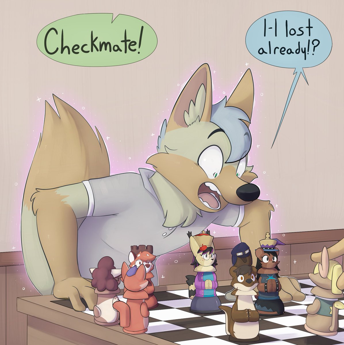FauvFox's tweet photo. Commission for @CardK_Art  who came to save their friend from the chess board but lost! Though, that doesn't mean he can't be his knight~ https://t.co/23yaqUr0PR