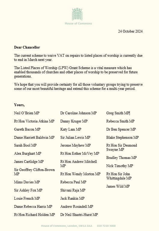 Along with 35 other Conservative MPs, I've written to the Chancellor, calling on her not to end VAT relief on Listed Places of Worship in March.
I know from my own constituency how vital it is in preserving many historic churches. (1/2)
