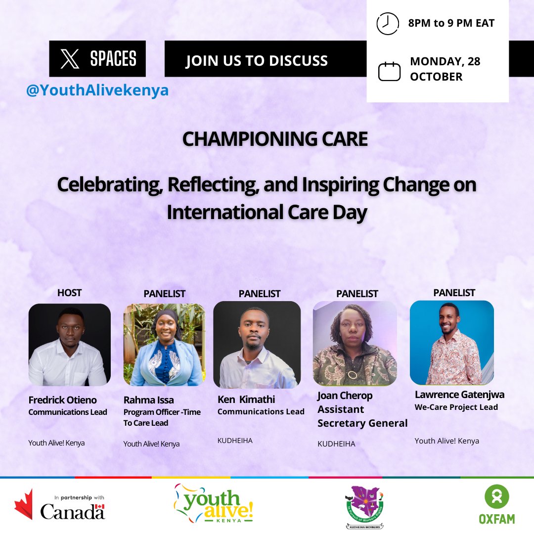 Youth Alive! Kenya (@youthalivekenya) on Twitter photo Mark International Care Day with Us!
Tomorrow, @oxfaminKE, <a href="/GAC_Corporate/">Global Affairs Canada</a> and <a href="/kudheiha/">KUDHEIHA WORKERS</a> join us for a meaningful conversation on the significance of care in our society! Weāll dive into the heart of care work, exploring ways to amplify and support those who dedicate themselves Mark International Care Day with Us!
Tomorrow, @oxfaminKE, <a href="/GAC_Corporate/">Global Affairs Canada</a> and <a href="/kudheiha/">KUDHEIHA WORKERS</a> join us for a meaningful conversation on the significance of care in our society! Weāll dive into the heart of care work, exploring ways to amplify and support those who dedicate themselves