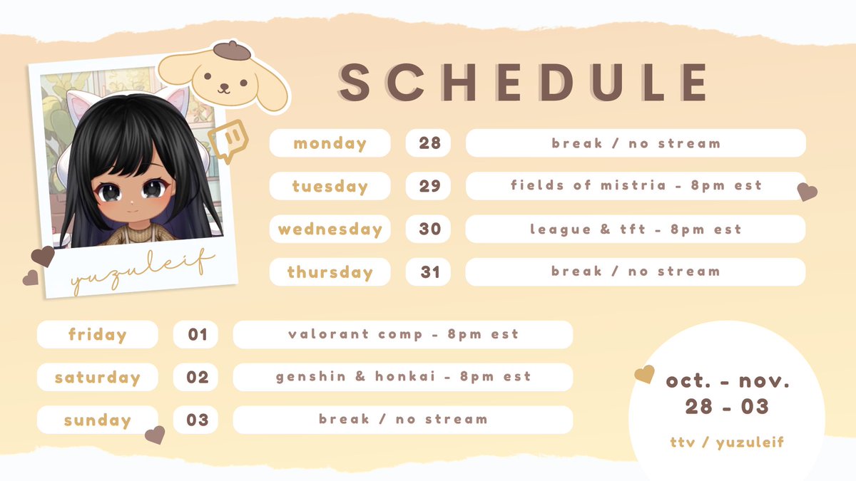 yuzuleif's tweet photo. ✧˖*°࿐ oct. 28th - nov. 3rd schedule ☆

we’ll be diving into more fields of mistria + catching up in hsr as well as trying to hit plat in tft this week (๑•͈ᴗ•͈)

｡⋆ʚ #vtuber #ENVtuber #SmallStreamersConnect https://t.co/uaFxJevgrv