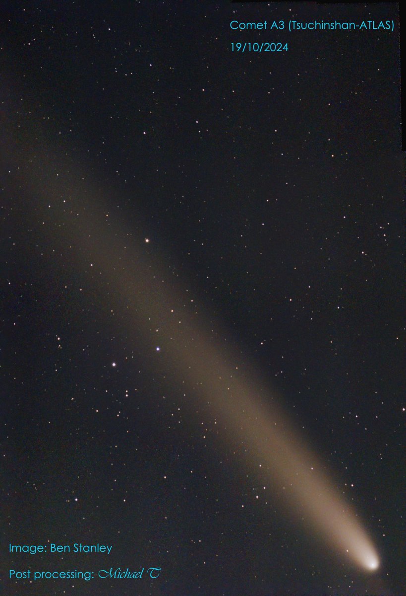 Great image of Comet C/2023 A3 (Tsuchinshan-ATLAS) taken with a <a href="/zwoastro/">ZWO</a> SeeStar S50 by BAS members <a href="/trilby/">𝙱𝚎𝚗 𝚂𝚝𝚊𝚗𝚕𝚎𝚢 🌍🌻🏳️‍🌈</a> with processing by Michael T. It's a mosaic of 12 x 1 min exposures captured over 30 minutes then combined in to one image.