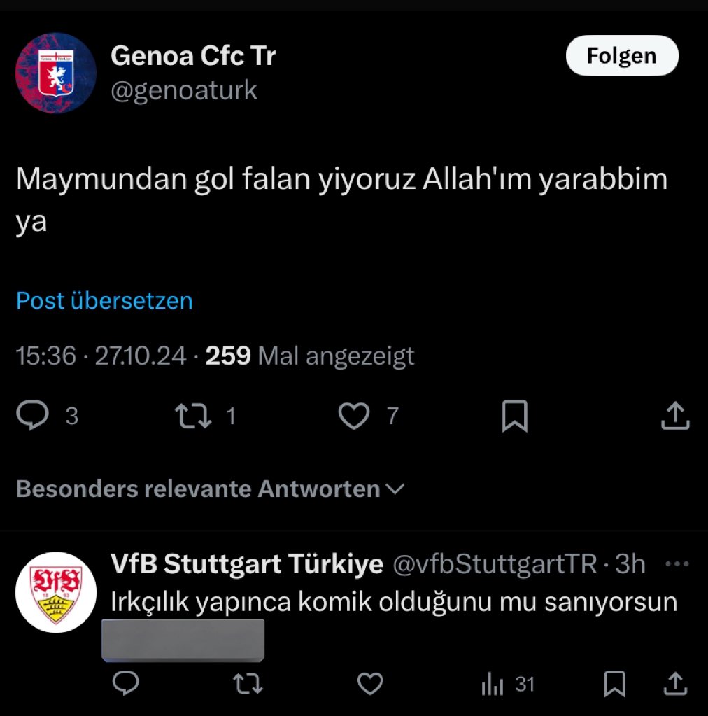 vfbStuttgartTR's tweet photo. Hem ırkçılık yapıyor hemde engelliyor. Ne eziksiniz siz ya? 

Sağlık sorunlarımdan dolayı sayfaya biraz ara vermek zorunda kaldım fakat bunda sessiz kalamam. 

Rica etsem @genoaturk sayfasını şikayet edebilir misiniz? https://t.co/I4Wk8vvZse