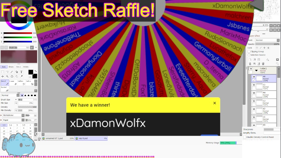 Congrats to <a href="/xDamonWolfx/">Damon</a> , Winner of the next free sketch raffle! (previous winner didn't respond)

Thanks again to all who entered! 🎉