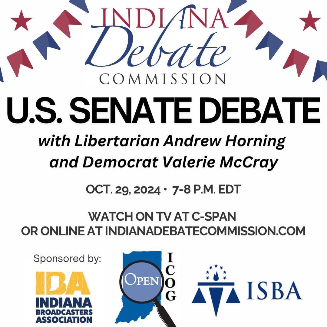 INDebateComm's tweet image. Join us Tuesday for a conversation with US Senate candidates @HorningSenate and @McCray4USSenate. Questions have been curated from Hoosiers around the state, and won’t be shared with the candidates in advance. Moderated by Laura Merrifield Wilson.