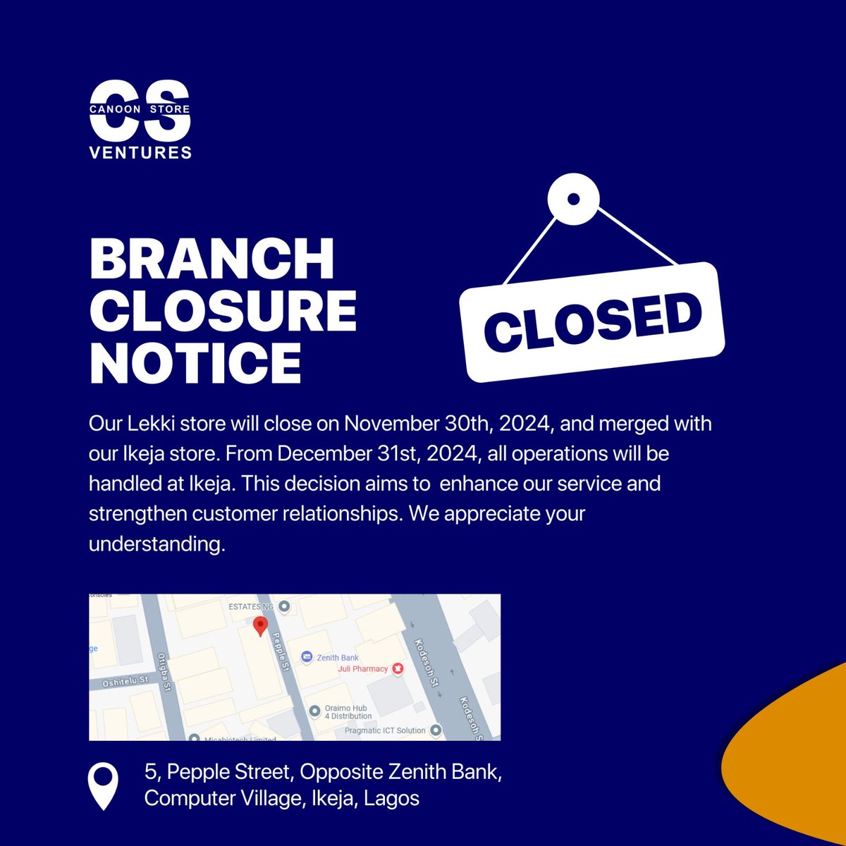 canoonstore's tweet photo. "IMPORTANT UPDATE" 

We're Consolidating for Better Service! 

As of November 1st, our Lekki store will be closed. We've merged our operations into our Ikeja office to bring you: 

- Faster Delivery Time
- Quick Responses on Socials &amp; Call Lines
- Enhanced Customer Experience https://t.co/IlrdjaXjT3