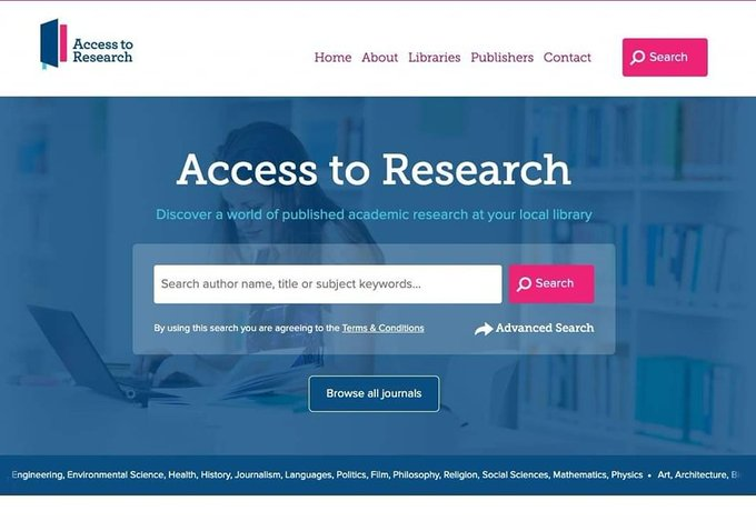 res_pian3's tweet photo. تقدم منصة "Access to Research" إمكانية الدخول المجاني إلى أكثر من 30 مليون مقالة أكاديمية ضمن المكتبات العامة التي تشارك في هذا البرنامج عبر المملكة المتحدة. https://t.co/4SCiw5fBKK https://t.co/SrbKBfau1V