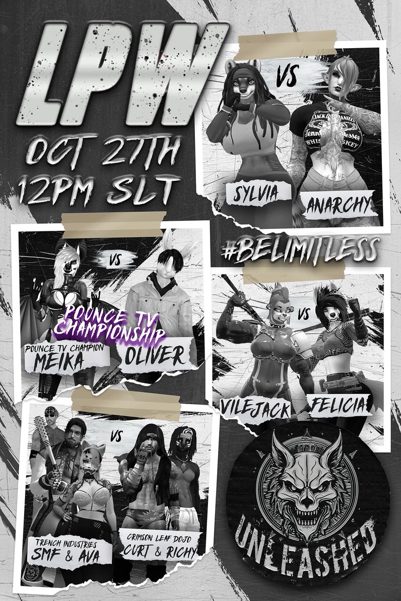 Full Lineup for you today! 
Show starts at 12pm SLT

Tag Team Action
Trench Industries vs Crimson Leaf Dojo

Sylvia Knux vs Anarcy
Vile-Jack vs Felicia

Meika defends her Pounce TV Championship against Oliver Wonderful

maps.secondlife.com/secondlife/Pou…