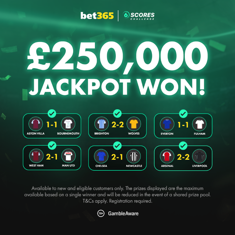 bet365's tweet photo. 🚨 £𝟮𝟱𝟬,𝟬𝟬𝟬 𝗪𝗢𝗡!

• Aston Villa 1-1 Bournemouth
• Brighton 2-2 Wolves
• Everton 1-1 Fulham
• West Ham 2-1 Man Utd
• Chelsea 2-1 Newcastle
• Arsenal 2-2 Liverpool

𝗢𝗡𝗘 player has landed the 6 Scores Challenge jackpot.
