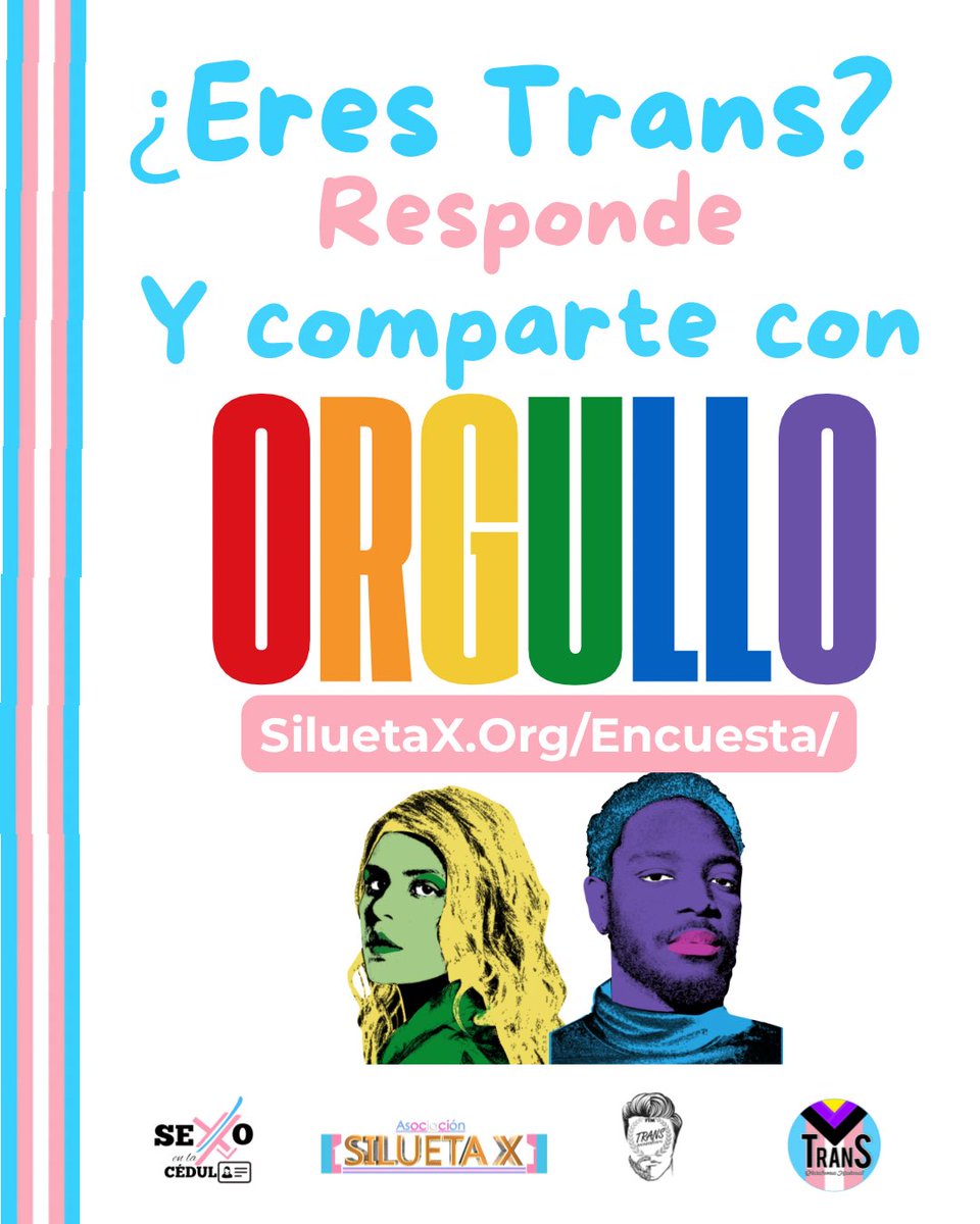 🏳️‍⚧️🏳️‍🌈 ¿Eres una persona Trans? Responde y comparte! 👇🏻
🏳️‍⚧️🏳️‍🌈👉🏻 siluetax.org/encuesta/ 

Campaña #SexoEnLaCedula
Plataforma Nacional Trans “CoaliTrans” 
Asociación Silueta X (0982001871)
Asociación Transmasculinos - Hombres Trans Ecuador (0981339708) 🏳️‍🌈🏳️‍⚧️