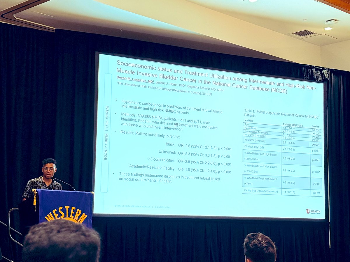 Bogdana Schmidt MD, MPH (@bogdanaschmidt) on Twitter photo All 🌟 <a href="/UtahUrology/">University of Utah Urology</a> resident <a href="/dm_langston/">Devon M. Langston, MD</a> presenting data highlighting disparities and treatment refusal in NMIBC. Patients more likely to refuse:
⭐️ Black patients
⭐️ Uninsured patients
⭐️ Patients with >3 comorbidities
⭐️ Patients treated at academic centers All 🌟 <a href="/UtahUrology/">University of Utah Urology</a> resident <a href="/dm_langston/">Devon M. Langston, MD</a> presenting data highlighting disparities and treatment refusal in NMIBC. Patients more likely to refuse:
⭐️ Black patients
⭐️ Uninsured patients
⭐️ Patients with >3 comorbidities
⭐️ Patients treated at academic centers