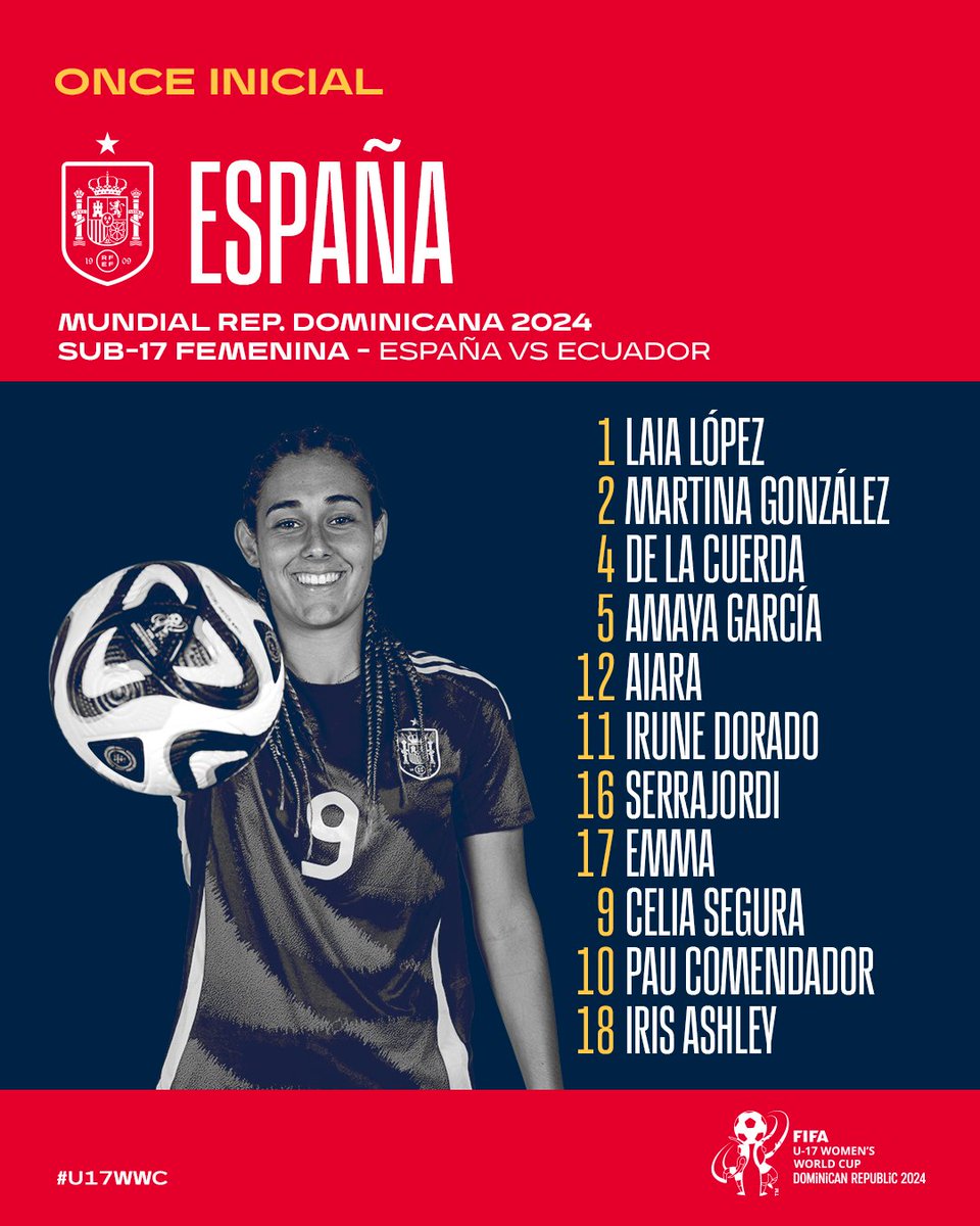 Selección Española Femenina de Fútbol (@sefutbolfem) on Twitter photo ⚔ ¡Este es el 𝙊𝙉𝘾𝙀 elegido por Kenio Gonzalo para los cuartos del Mundial!
🇪🇸 - 🇪🇨
🕗 20:30
📺 <a href="/teledeporte/">Teledeporte</a>
#U17WWC ⚔ ¡Este es el 𝙊𝙉𝘾𝙀 elegido por Kenio Gonzalo para los cuartos del Mundial!
🇪🇸 - 🇪🇨
🕗 20:30
📺 <a href="/teledeporte/">Teledeporte</a>
#U17WWC