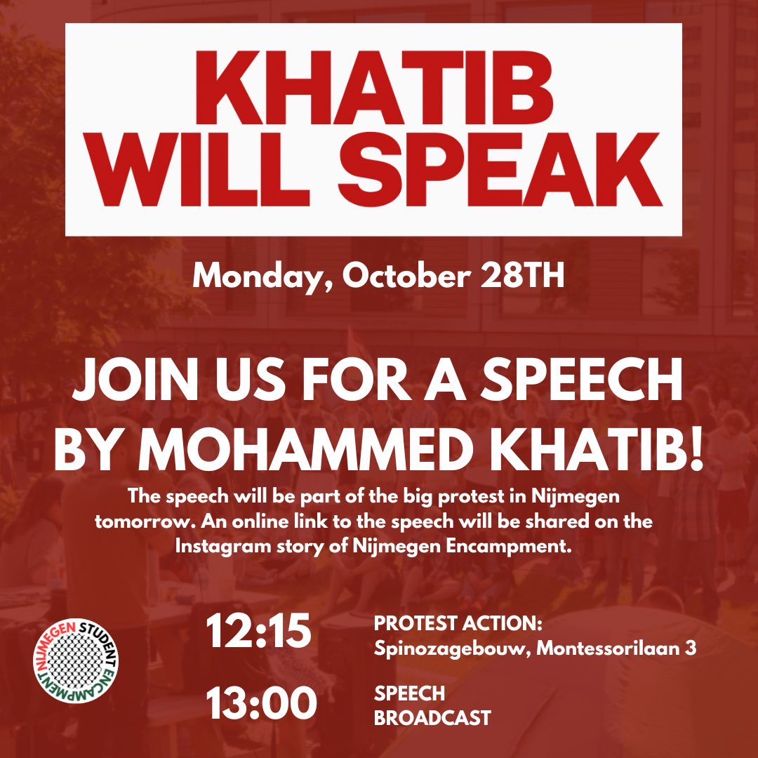 HarrygPettit's tweet image. ANNOUNCEMENT: Mohammed Khatib will be speaking at @Radboud_Uni tomorrow. Mohammed will address the protest. Follow the Nijmegen Encampment Instagram story for an online link if you can't make it in person. He will not be silenced.