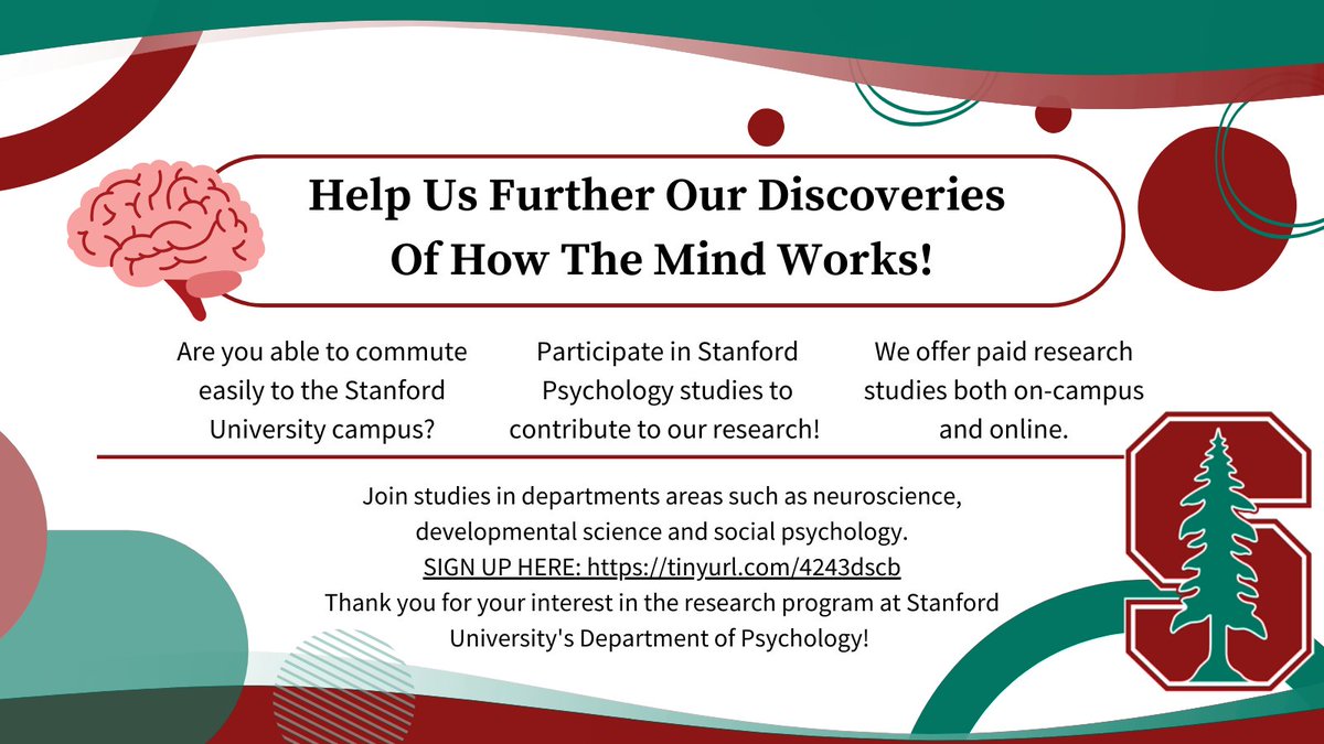 Participate in Stanford Psychology studies and help elevate our research. Sign up here: tinyurl.com/2s3tfw44

For more information: psychology.stanford.edu/research/parti…