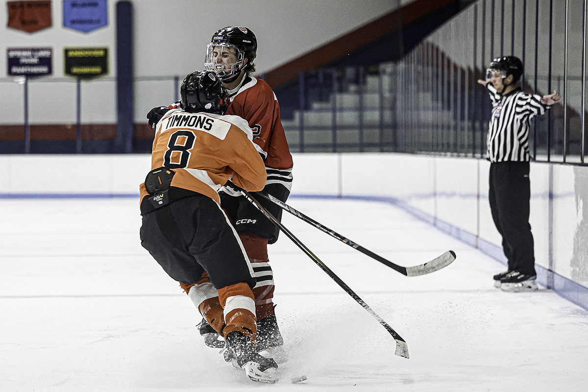 ELPuckOfficial's tweet image. Team MSP Magazine forward Maverick Timmons (8) hit Team TCO defender Nolen Geerdes and took control of the puck in the second period of the Elite League championship game. Team MSP had a 3-1 lead after two. Scoring: hselitehockey.com/stats#/163/gam…. Photos: zenfolio.com/legacyhockeyph…