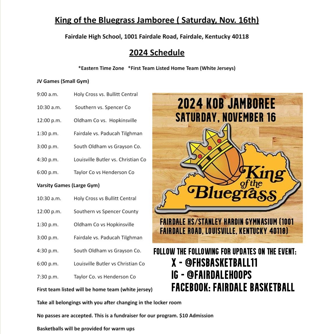 FHSBasketball11's tweet photo. The KOB Jamboree will be held on Sat., November 16th at Stanley Hardin Gym (Fairdale HS, 1001 Fairdale Road 40118).TOP TEAMS and PLAYERS! @PrepHoopsKY @BCcougarbball
@KentFoushee
@pt_basketball @TC5thregionBB @southoldhamMBB @spencer_boys @gchs_boysbball @K105sports @coachrenner https://t.co/4YNcNsNtvF