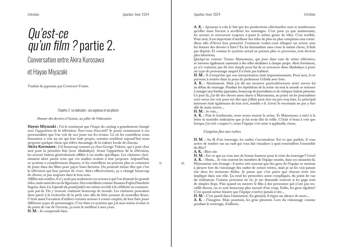 ButaGhibli's tweet photo. [PUBLICATION FRANCE] La deuxième et dernière partie de « Qu’est-ce qu’un film ? », passionnante conversation entre #AkiraKurosawa et #HayaoMiyazaki, est à découvrir dans le sixième numéro de @ApachesRevue.
Précommande : https://t.co/rNz3AWe8QI
#黒澤明 #宮崎駿 https://t.co/S3FJsCoKxa
