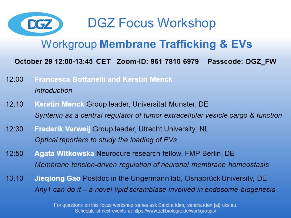 DGZ, @DGZ.bsky.social (@dgz_info) on Twitter photo Please join us for the #DGZ Focus Workshop on #MembraneTrafficking & #EVs, next Tuesday, 29.10. at noon, organized by <a href="/Fran_Bottanelli/">Francesca Bottanelli</a> & Kerstin Menck, featuring talks by Kerstin Menck, Frederik Verweij, <a href="/AgataWitkowska/">Agata Witkowska</a> & <a href="/JieqiongGao/">Jieqiong Gao</a> (Postdoc @UngermannLab)⬇️ Please join us for the #DGZ Focus Workshop on #MembraneTrafficking & #EVs, next Tuesday, 29.10. at noon, organized by <a href="/Fran_Bottanelli/">Francesca Bottanelli</a> & Kerstin Menck, featuring talks by Kerstin Menck, Frederik Verweij, <a href="/AgataWitkowska/">Agata Witkowska</a> & <a href="/JieqiongGao/">Jieqiong Gao</a> (Postdoc @UngermannLab)⬇️