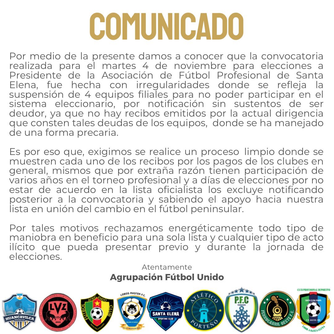 Escándalo en la Asociación de Santa Elena, no bastan 16 años de malas administraciones y a días del proceso eleccionario suspenden para mantenerse en el puesto.

¡ESTO PASA EN EL FUTBOL PENINSULAR!