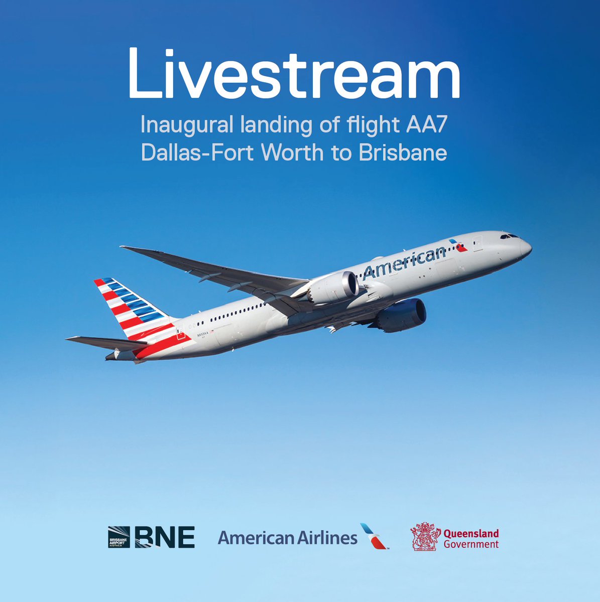 BrisbaneAirport's tweet image. We are live! Tune in now to watch the inaugural @AmericanAir flight from @DFWAirport to #BNE: youtube.com/live/ZwR-nTo0a…