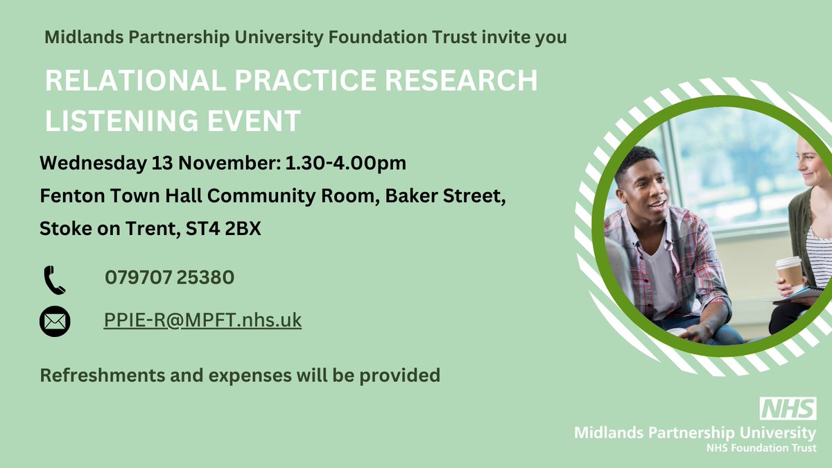 Midlands Partnership University NHS FT (@mpftnhs) on Twitter photo Have you been discharged from an inpatient mental health service within the last 2 years?
Join our research listening event on 13 November to share your views on ways to improve relationships during inpatient stays. For more information, please email PPIE-R@mpft.nhs.uk Have you been discharged from an inpatient mental health service within the last 2 years?
Join our research listening event on 13 November to share your views on ways to improve relationships during inpatient stays. For more information, please email PPIE-R@mpft.nhs.uk