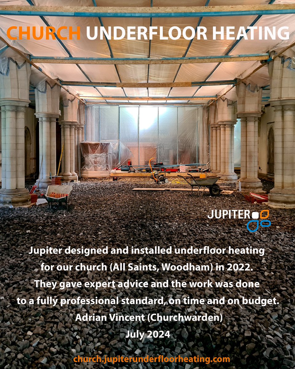 REVIEW 

Jupiter designed and installed underfloor heating for our church (All Saints, Woodham) in 2022. They gave expert advice and the work was done to a fully professional standard, on time and on budget. Adrian Vincent (Churchwarden). July 2024.