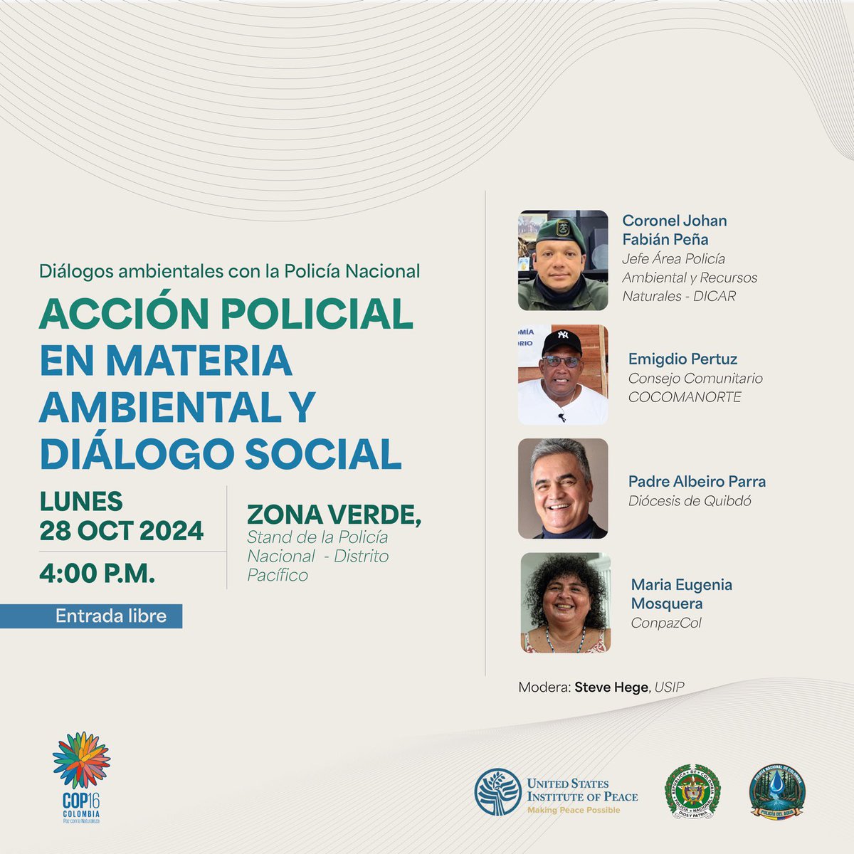 Gente, los que estén la
#COP16EnCali pueden darse una pasada mañana a estos paneles que tenemos con <a href="/USIP/">U.S. Institute of Peace</a> y <a href="/PoliciaColombia/">Policía de Colombia</a>.